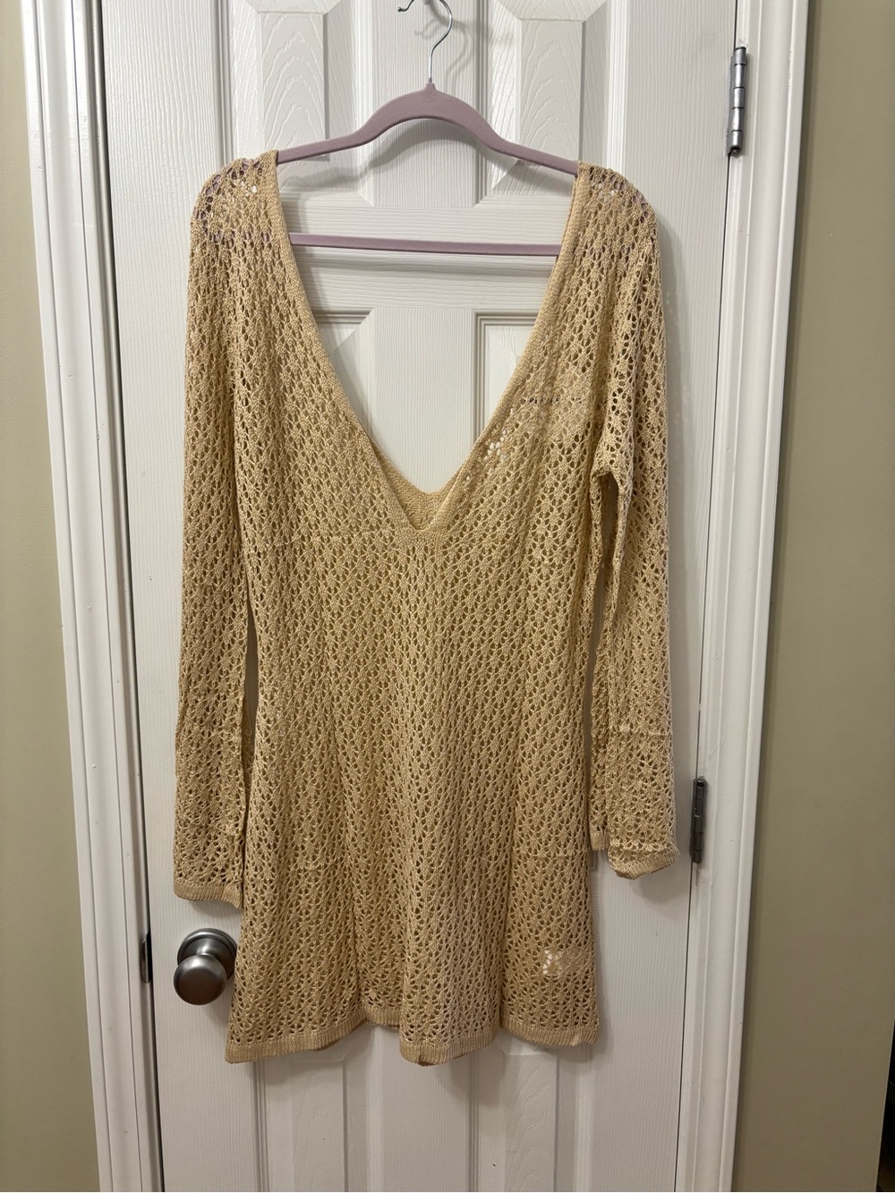 NWT BREATHSUNNY Sheer Crochet Knit V-Neck Swim Cover-Up Tunic Dress Tan Large - Picture 2 of 5